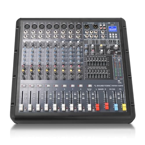 Sound Town 10-Channel 2x800W Powered Mixer w/ 2 Bus, DSP effects, USB, MP3, Dual 7-band EQ, Phantom Power (TRITON-102PW)