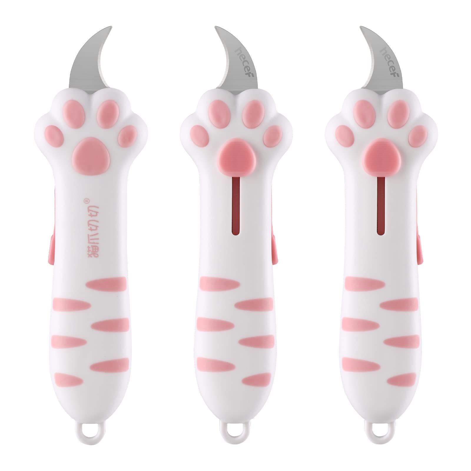 hecef Set de 3 couteaux utilitaires, cutter rétractable avec lame en acier allemand et manche en patte de chat, set de couteaux multifonctions en rosa