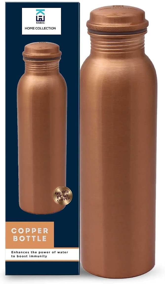 KHC 100% Pure Copper Water Bottle Handcrafted | 34 Oz 1 Litter Copper Water Vessel - Drink More Water Bottle in many Patterns– Large -Leak Proof - Smooth Finish (Plain Matt Copper Bottle)