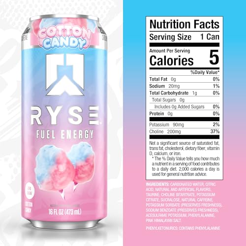 Image of RYSE Fuel Energy Drink - Cotton Candy - Sugar Free, Gluten Free & Vegan - 200mg Natural Caffeine, Taurine & Choline for Focus & Energy - No Artificial Colors - 16 fl oz Cans (12-Pack)