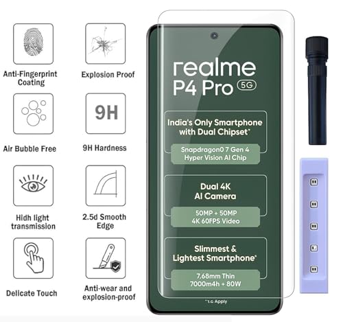 Image of FabeKee HD+ UV Tempered Glass Screen Protector Guard Compatible For Realme P4 Pro 5G (6.8 Inch, Pack of 1) Full Adhesive UV Curved Case Friendly HD Clarity with easy installation kit