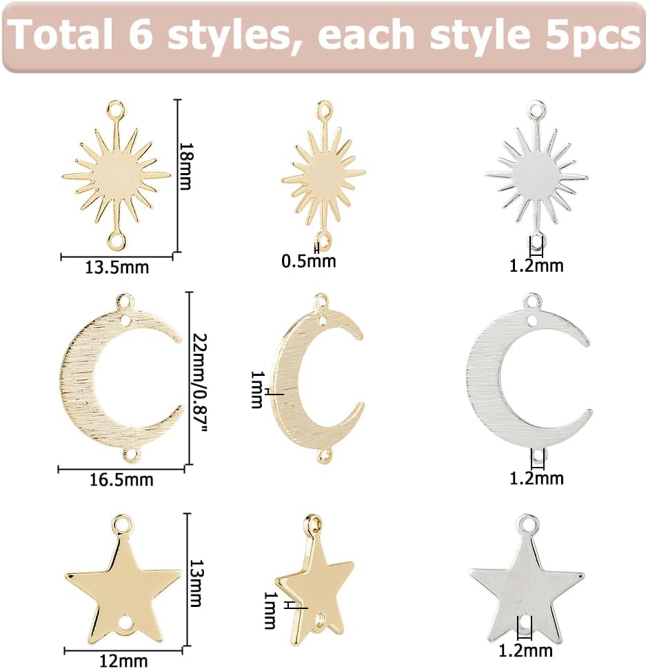 30Pcs Brass Links Pendants Connector Platinum and Golden Moon Sun Star Connector Charms Star Moon Sun Charms with 2 Holes for Jewelry Earring Bracelet Necklace Making DIY Craft - Image 2