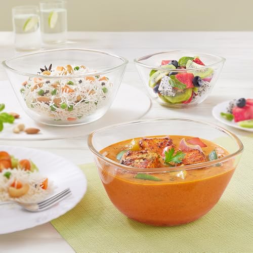 Image of Borosil 3pc Square Shape Serving & Mixing Bowl (780ml + 1.1L + 1.6L)| Borosilicate Glass Bowl for Kitchen & Dinning | Bowl for Mixing Dough, Salad, Batter | Microwave & Dishwasher Safe | Transparent