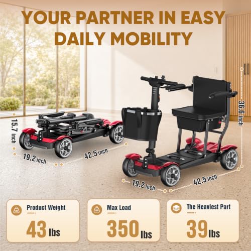 Image of 4-Wheel Motorized Scooters for Seniors-39LBS Light Frame& 30 Miles Range | 350LBS Capacity& 270W Brushless Motor Powered Folding Electric Wheelchair with Dust Cover& LED Lights& Auto Brake-Red Color