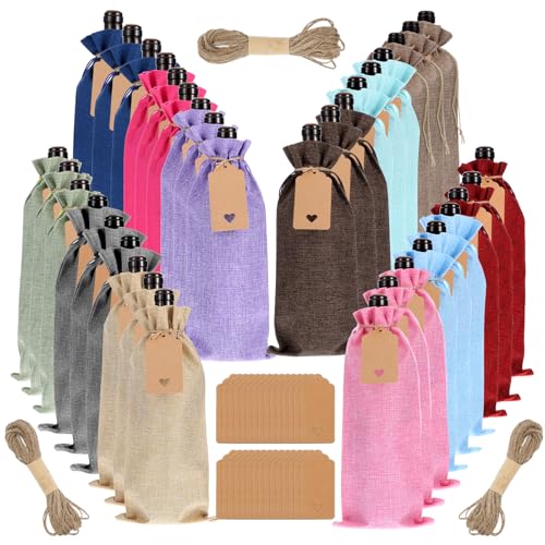 Xaajooio 36 Pcs Burlap Wine Bags Reusable Wine Bottle Gift Bags with Drawstrings Ropes and Tags for Christmas Wedding Birthday Party 750ml Champagne Bottle Cover for Home Storage 12 Colors