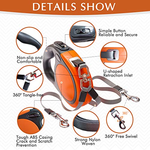 KOOLTAIL Dual Retractable Hundeleine für Zwei Hunde bis 110 Lbs, Heavy Duty Doppelkopf 16 ft Erweiterbare 360° Tangle-Free One Button&Lock Bremse Hundeleine für kleine mittlere Orange