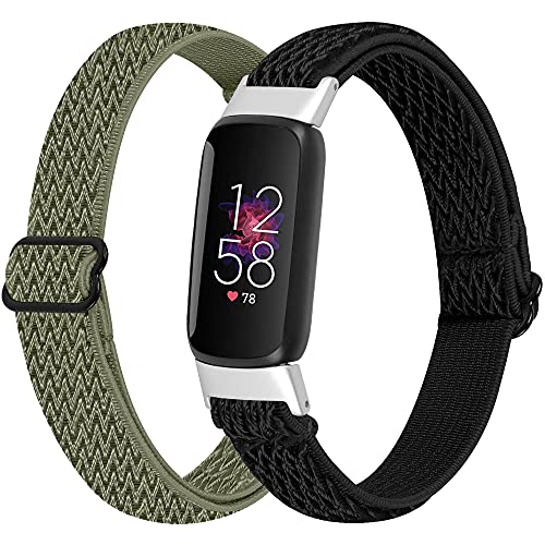 Lijinlan Elastic Woven Nylon Band Compatible with Fitbit Luxe/Luxe SE, Stretchable Adjustable Breathable Cotton Braided Wristband Replacement Strap for Fitbit Luxe for Women (Olive Black)