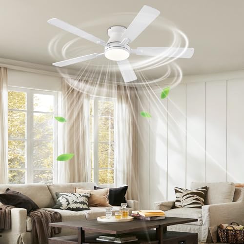 Image of Ayaoty 54 inch Ceiling Fans with Lights and Remote, Low Profile Ceiling Fan with Light, Flush Mount, Reversible, 3CCT, Dimmable, Noiseless, White Ceiling Fan for Bedroom, Indoor /Outdoor Use