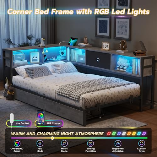 DICTAC Corner Twin Bed Frame with Bookcase Storage Headboard and Led Lights Twin Size Metal Platform Bed Frame with Storage Drawers and Charging Station Twin Size Daybed for Kids and Teen,Oak Gray
