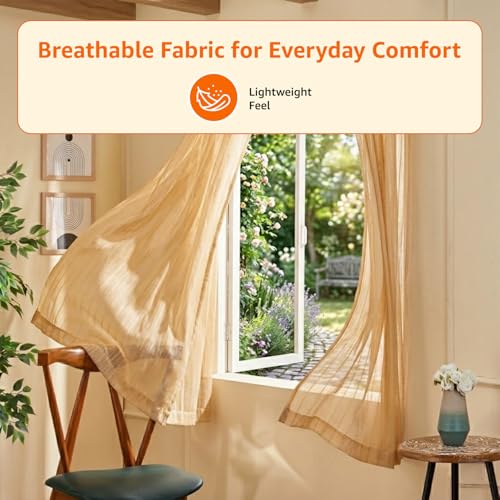 Image of Amazon Basics - Stripe Textured Sheer Door Curtains | Light Filtering | 5 Feet | Set of 2 | Striped Design | for Living Room, Bedroom & Balcony | 115 cm x 150 cm, Color - Cream