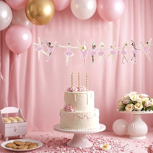 Image of Hooqict Happy Birthday Banner Ballerina Birthday Party Decorations Ballerina Dancer Party Banner Garland Sign for Girls Women Pink Ballet Party Decorations Supplies