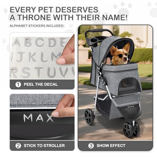 Image of MoNiBloom 3 Wheels Pet Dog Cat Stroller for Small Medium Dogs and Cats, Lightweight Foldable Jogger Stroller w /Storage Basket and Cup Holder, Gray