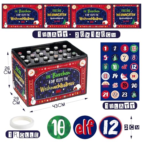 BOFUNX Adventskalender Bastelset für Bierkasten Männer Adventskalender Bier Advents Banderole für Bierkasten mit 24 Aufkleber für Kronkorken Bierchen Advent Weihnachten Geschenk