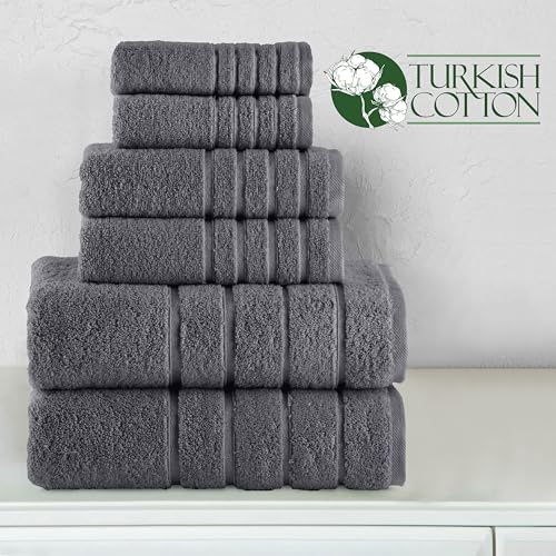 Image of Elegant Comfort 4 Lines Viscose Stripe 6-Piece Premium Towel Set - 100% Turkish Cotton High Absorbent Luxury Bathroom Towels - Includes 2 Washcloths, 2 Hand Towels and 2 Bath Towels Set, Gray