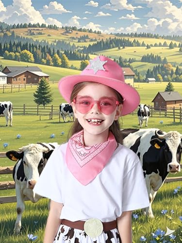 COSLAND 3 Pcs Pink Cowboy Hat with Bandana and Glasses, Western Cowgirl Hat for Girls, Small3