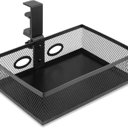 テーブル下収納ラック 360度回転 デスク下引き出し 机下収納 クランプ式 磁石は吸着できる 多機能収納バスケット 後付け引き出し 小物整理 穴あけ不要 取り付け簡単 板0.5〜5cm設置可能 耐荷重5kg スチール製 クッションパッド付き （メッシュ-ブラック）