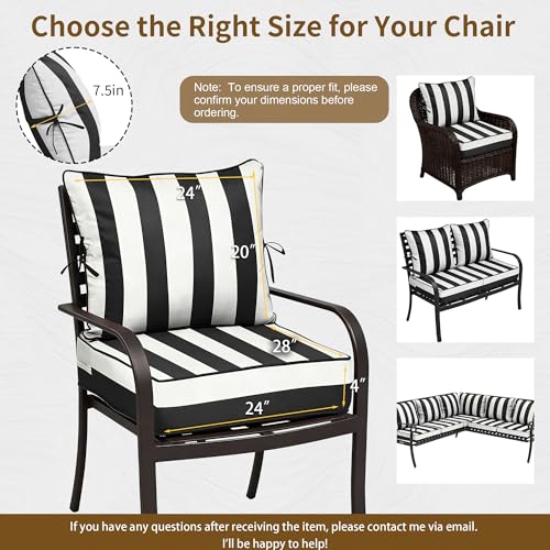Image of 24x28 Outdoor Chair Cushions Set of 4, Waterproof Deep Seat Cushions for Patio Furniture with Removable Cover, Fade Resistant 4'' Outdoor Seat Cushion with Ties&Handle for Sofa Loveseat,Black Striped