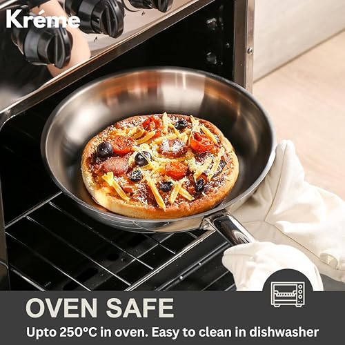 Image of Kreme Platina Triply Stainless Steel Frying Pan - 1.85 L, 24 cm | 2.5 mm Thick Tri ply Cookware | Heavy-Bottom Frypan for Healthy, Low-Oil Cooking | Induction and Gas Compatible | Scratch Resistant