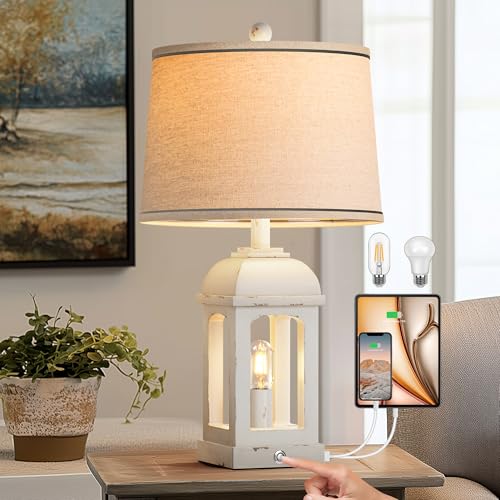 QiMH Table Lamp for Living Room, Farmhouse Lamps with USB A+C and Nightlight, 26