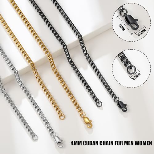 3 Pcs Chain Necklace for men, 4mm Stainless Steel Black Gold and Silver Cuban Chains Men Women, 18"/22"/26"/30 Inches4