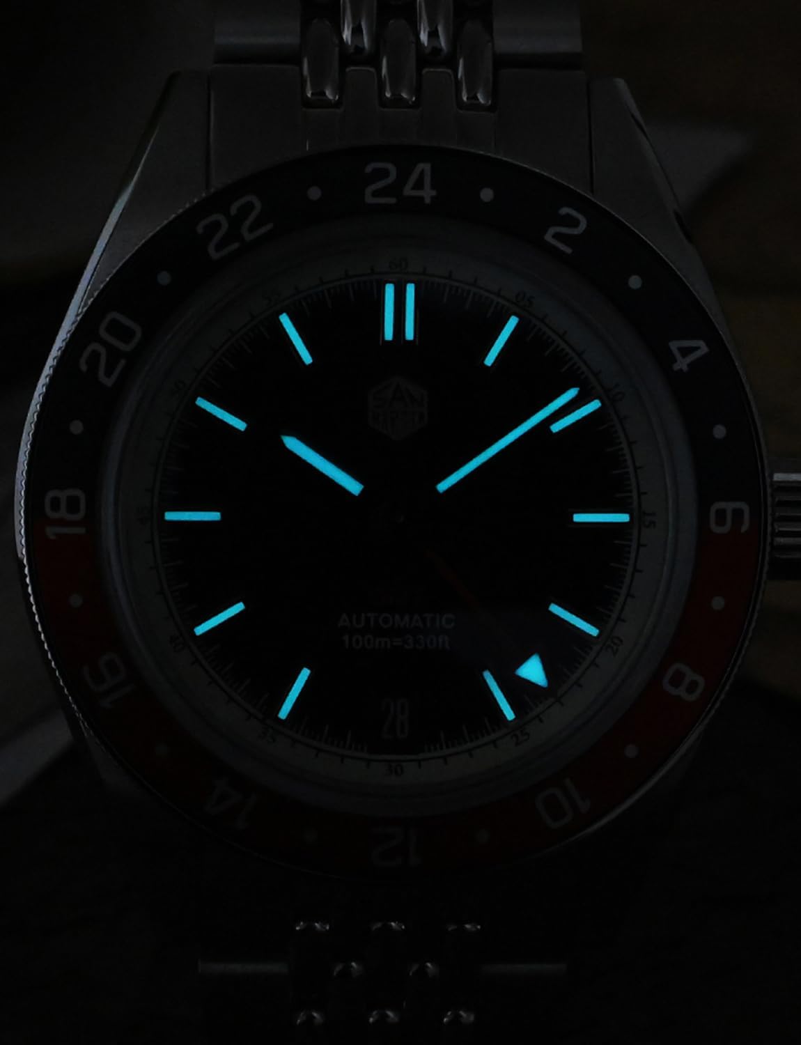 San Martin SN0116G Dive Watches for Men NH34 GMT Watch Mechanical Sapphire Mirror Full Luminous 10ATM Waterproof Wristwatch, 39.5MM Stainless Steel