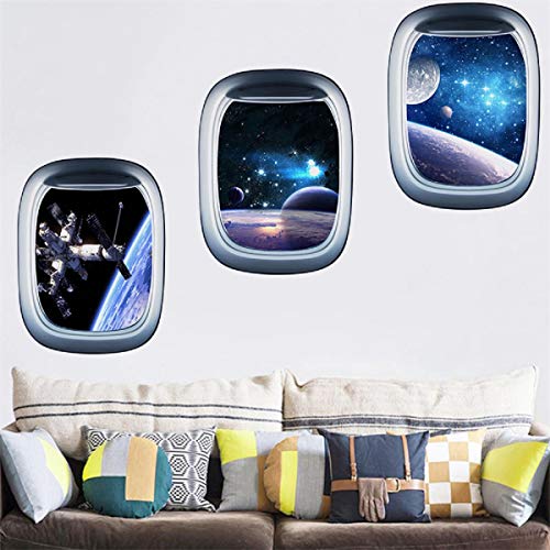 Herra 3D Planet Universe Galaxy Outer Space Wall Decal Spacecraft Astronaut Wall Stickers, Peel And Stick Removable Space Capsule Window Wall Stickers Wall Mural For Bedroom Living Room Kids Room #TOP5