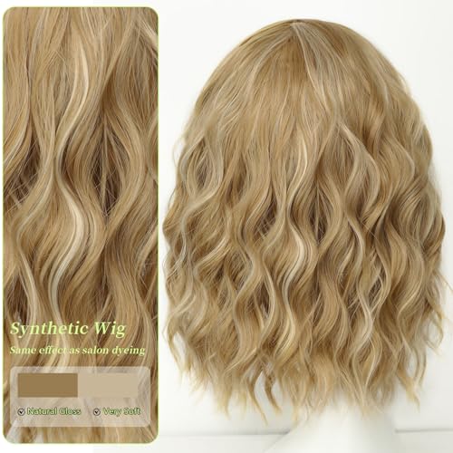 Image of AISI HAIR Curly Bob Wig with Bangs Short Wavy Champagne Blonde Wigs for Women Bob Style Synthetic Heat Resistant Bob Wigs