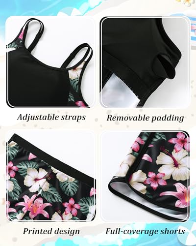 Image of Teen Girls Tankini Swimsuit Adjustable Straps Modest Bathing Suits Girl 2 Piece Swimwear with Shorts 7-16 Years