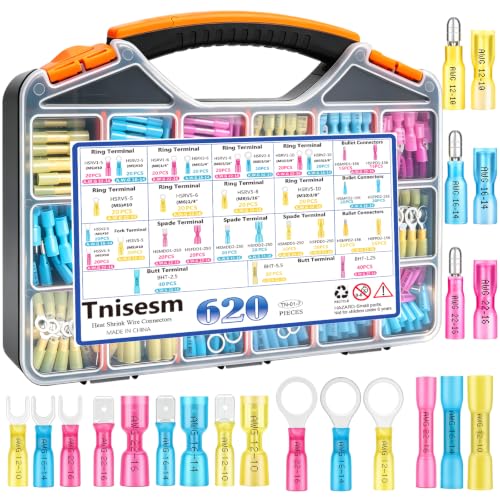 Tnisesm 620Pcs Marine Grade Heat Shrink Wire Connectors kit 22-10 AWG Electrical Connectors Ring, Ring Fork Spade Butt Splice Terminals