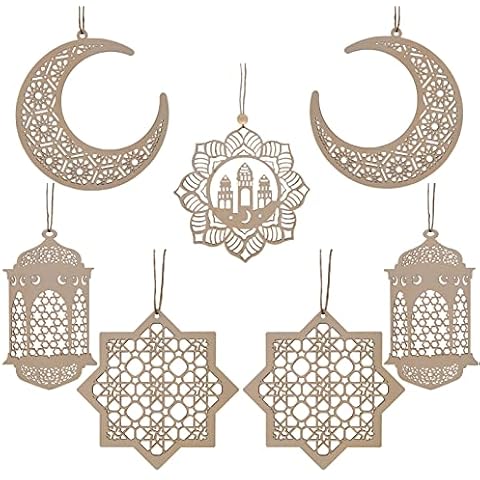 Ramdan Decorations, Wooden Pendant Eid Ramadan Decorations for Home, Ramadan Eid Mubarak Hanging Moon Star Wind Light Castle Shape Ornament Eid Al Adha Decorations Cover