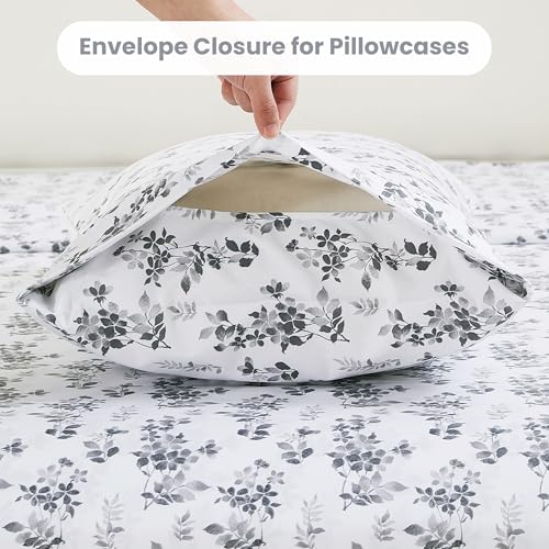 Image of Mooreeke Cozy Vintage Microfiber Printed Full Sheet Set - Soft Breathable Percale Cotton Floral Bed Sheets with Deep Pocket - Non-Slip Fitted Design - Gradient Grey Small Flowers Pattern