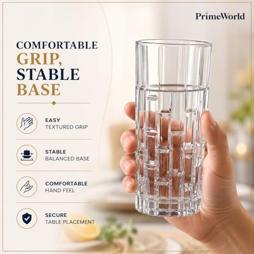 Image of PrimeWorld Italian Premium Water & Juice Glasses Set of 6-300ml | Transparent 3D Brick Design Crystal Highball Glasses for Water, Juice, Milk, Lassi & Cocktails