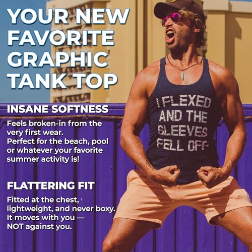 Image of Mens I Flexed and The Sleeves Fell Off Funny Workout Gym Tank Top | Funny Workout Shirt, Graphic Tank Top for Men, Cool Fitness Sleeveless Tee, Fitted Tank, Novelty Tank Tops for Guys