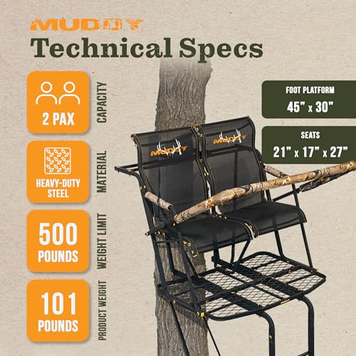 Image of MUDDY The Rebel 2.5 Deer Hunting Ladderstand, 17 Foot 2 Person Climbing Tree Stand with Flex-Tek Seat, Armrests, Shooting Rail, & 45 inchW X 30 inchD Platform