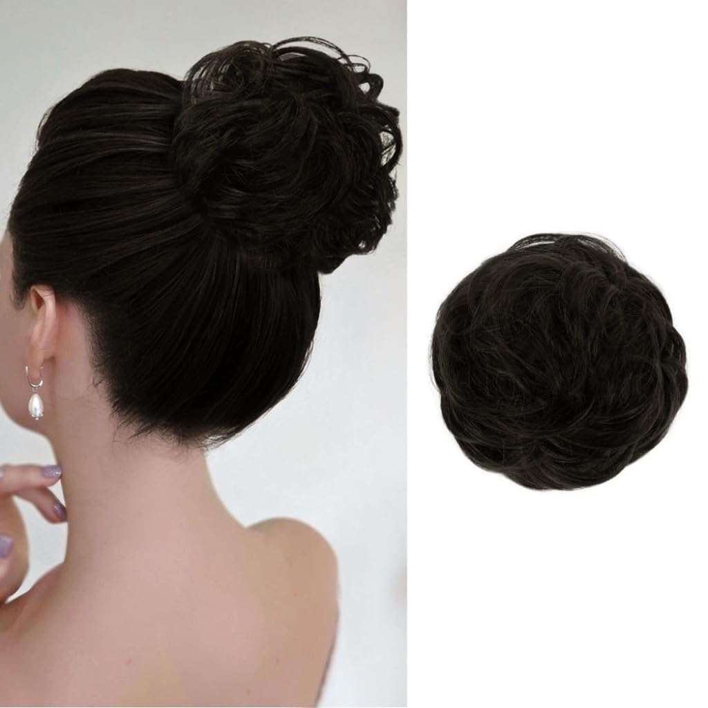 100% Human Hair Bun Extensions, Messy Hair Bun Scrunchies Real Hair Rose Bun Hairpieces for Women Curly Messy Black Hair Bun for Girls (Black)-image-10