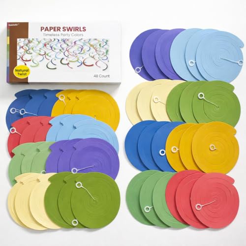 Image of HonuGoGo 48-Piece Hanging Swirl Decorations for Ceiling, Boho Retro Paper Streamers in Soft Vintage Tones, Eye-Catching Party Decor for Birthdays, Baby Showers, Weddings, Classroom & Home Celebration