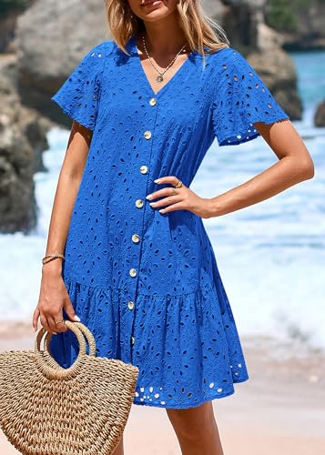 Image of KIRUNDO Eyelet Dresses for Women Button Down Mini Babydoll