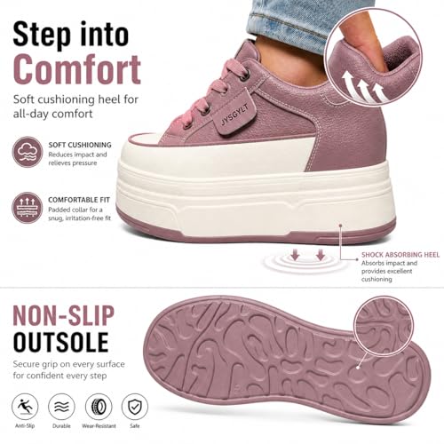 Image of Platform Sneakers For Women - (3 inch-3.5 inch )6cm Heel & 3cm Inner Lift, Comfortable Cushioned Arch Support, Non-Slip Casual Walking Shoes, Microfiber Leather Platform Shoes White Black Red Yellow