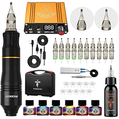 Phoenixy Tattoo Kit Complete Tattoo Machine Kit Rotary Tattoo Pen Tattoo Gun Machine Switch Power Supply 10 Tattoo Cartridge Needles 7 Colors Permanent Tattoo Ink Tattoo Set (PH-01) Cover