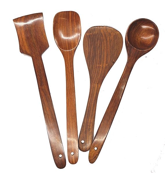 Image of Wooden Kitchen Utensil Set, Brown Walnut Wood, 4-Piece Cooking Spoons and Spatula Collection, Traditional Style