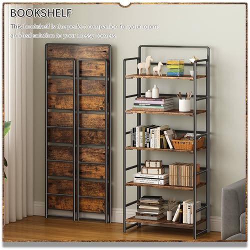 4NM No Assembly 5 Tiers Folding Bookshelf Storage Shelves Vintage Bookcase Standing Racks Study Organizer Home Office (Rustic Brown Black) - Image 4