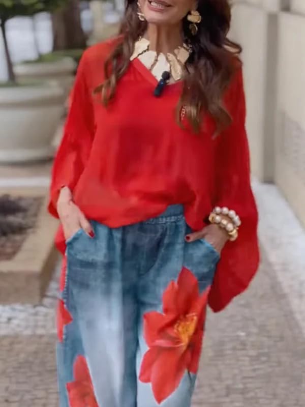 oshoplive Women's Floral Wide Leg Jeans Pants Elastic High Waist Baggy Flowers Denim Pants with Pockets Trendy3