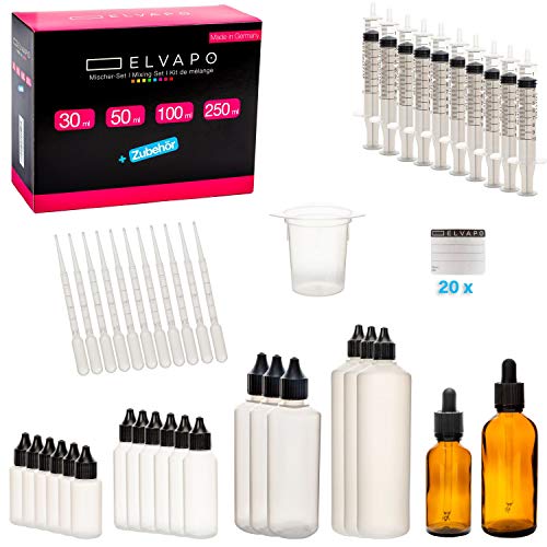 Elvapo Liquid-Flaschen Mischer-Set XXL (63-teilig) | Flaschen selber befüllen mit E-Liquids, Flüssigkeiten | Dropper Bottles, Plastik-Flaschen, Tropfflaschen| + 20 Etiketten + Pipette + Trichter Cover