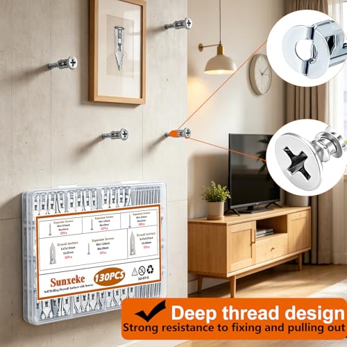 Image of 130 PCS Self Drilling Drywall Anchors with Screws Kit-2 Sizes Sheetrock Anchors & 3 Sizes Zinc Expansion Screws,Upgraded Zinc Plated Steel,No Drill Needed,Holds Up to 66LB on Walls(Sliver)