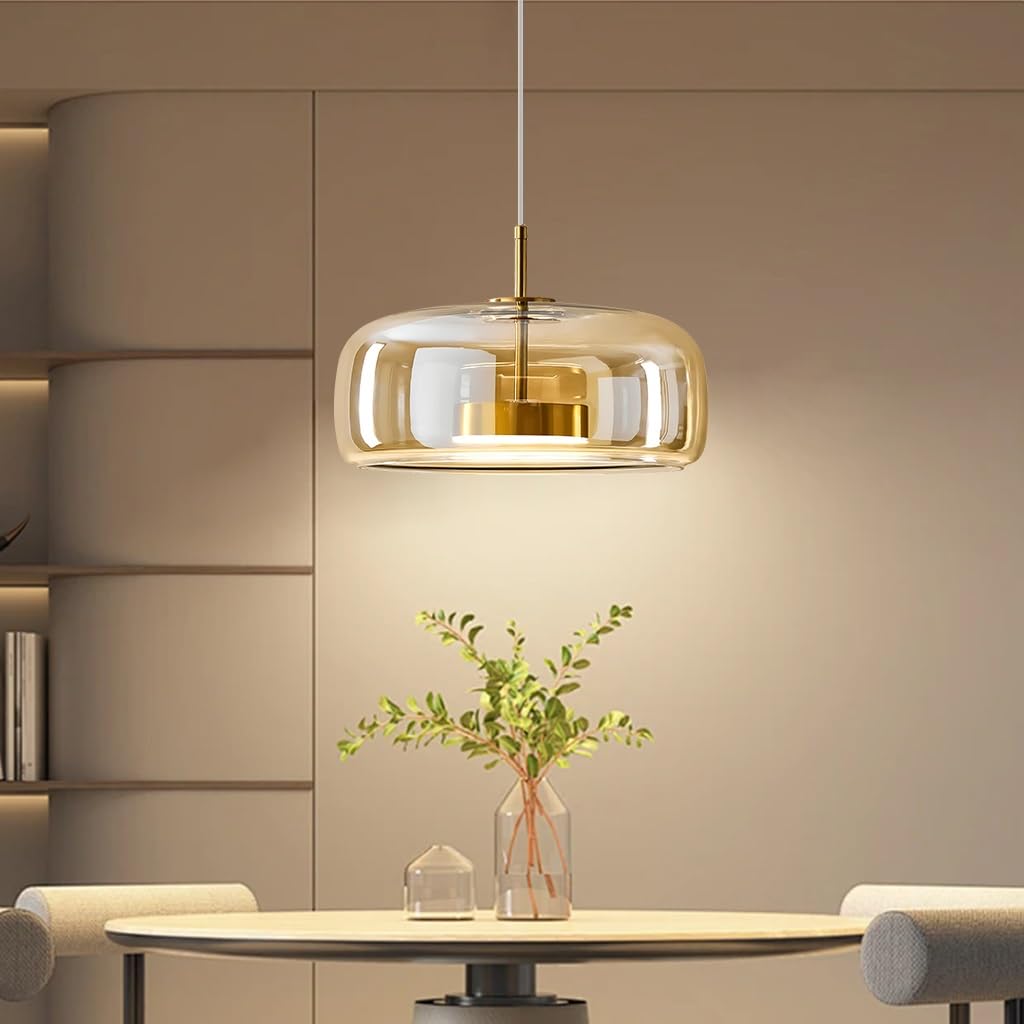 Suspension De Table À Manger, Lampe Suspendue En Verre, Style Vintage Ambré Rétro, Douille E27, Hauteur Réglable, Pour Salles À Manger, Salons, Cuisines Et Restaurants(Amber,33cm)