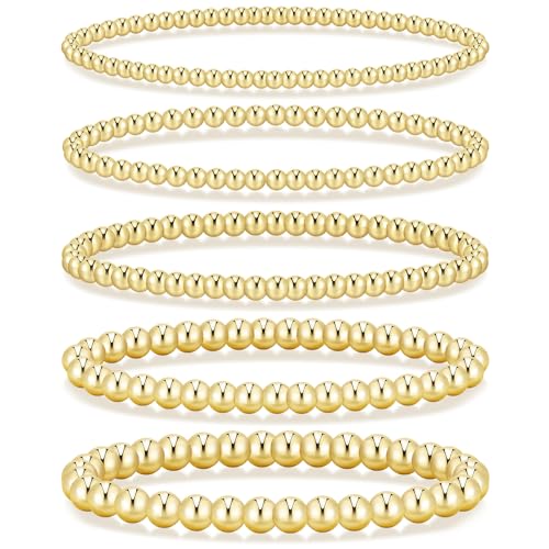 5 Pcs Beaded Bracelet Set for Women, 14K Gold Plated Stackable St...