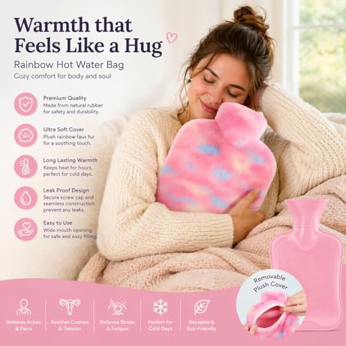 Image of Hot Water Bag with Soft Plush Cover 2000ml, Medical Grade Silicone Hot Water Bottle for Period Cramps, Hot & Cold Therapy, Back Pain, Muscle Aches, Body Relaxation Heating Pad (Rainbow Swirl)