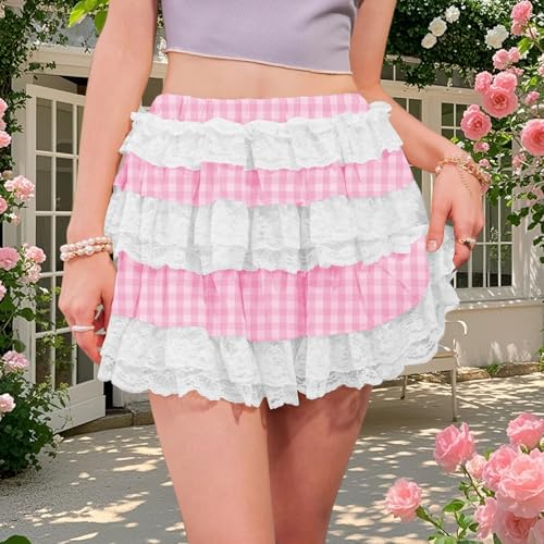 Women Y2K Plaid Tiered Mini Skirt Lace Trim Low Waist Gingham Pleated A Line Short Skirt Holiday Cosplay Rush Skirts4