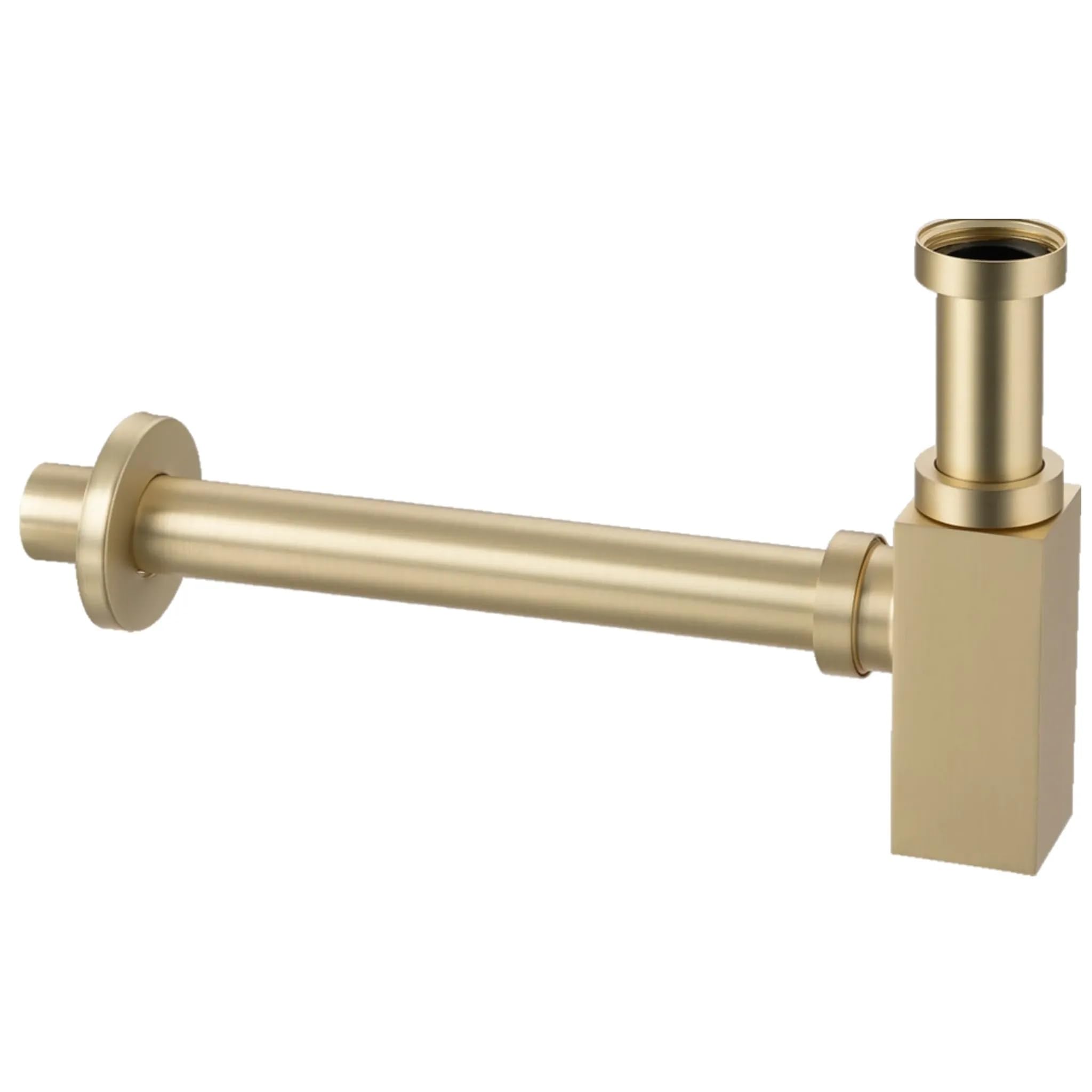 Sifón de Lavabo Universal - Válvula de Desagüe para Lavabo de Latón G1 1/4 x 32 mm - Sifón Tubular para Baño - Tubo de Desagüe para Lavabo de Baño, Cuadrado Oro Cepillado