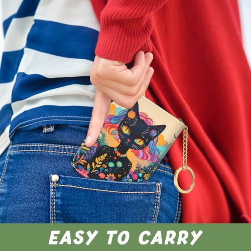 Image of Aiawoxc Credit Card Holder, Small RFID Wallet Slim Leather Card Organizer Case with Zipper and Keychain, Elegant Cat